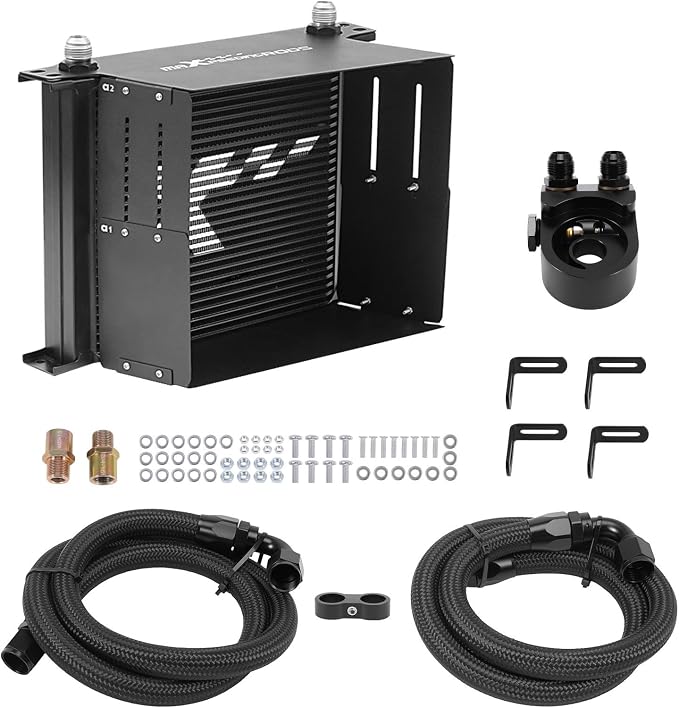 maXpeedingrods 30 Row Oil Cooler Kit, 10AN Transmission Engine Cooler British Radiator Universal Aluminium Black, Thermostatic Oil Filter Sandwich Adapter with Air Guide Kit and 2Pcs Oil Cooler Hoses