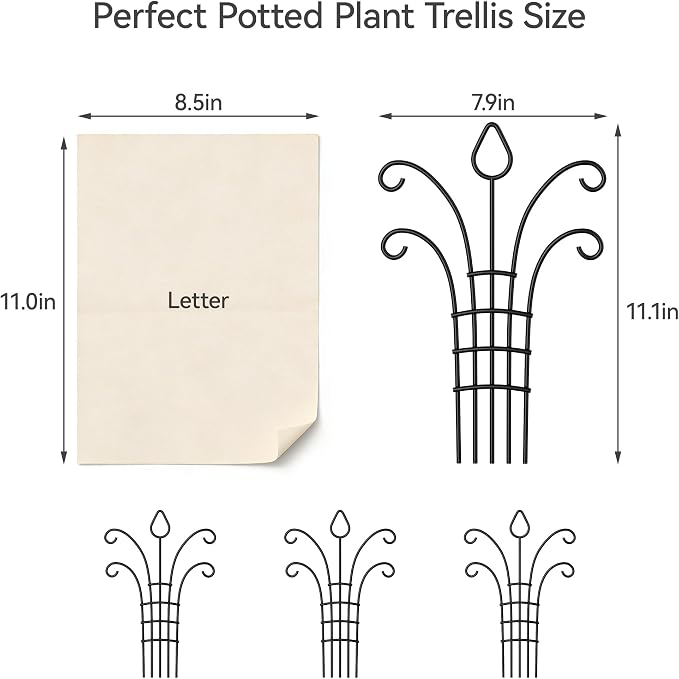 4 Pack Metal Small Plant Trellis for Potted Plants，Metal Indoor Plant Trellis for Climbing Plants，Black Mini Trellis Support with 5-Prong Base & 50 Ties, for Pothos Hoya Ivy, Gift for Plant Lovers