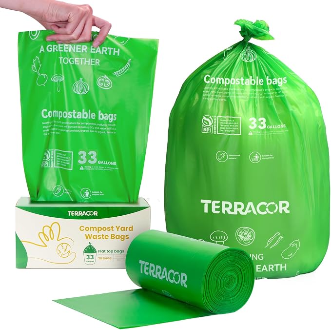 30-33 Gallon Compostable Trash Bags Liners Flat-Top, Heavy Duty Extra Thick 1.28 Mil, 124.92 Liter, 30 Bags, Lawn, Yard, and Restaurant Use, ASTM D6400, US BPI Certified