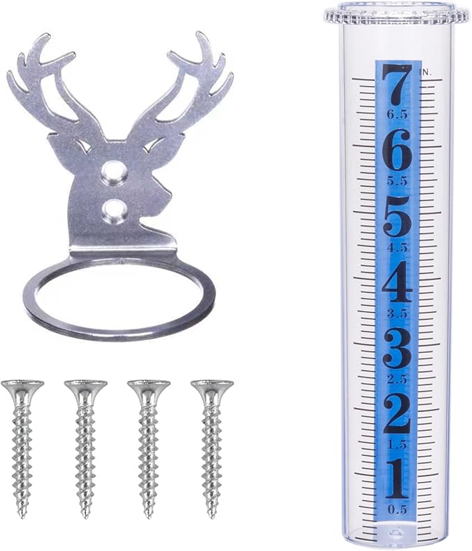 7" Rain Gauge Outdoor, Accurate Glass Tube Best Rated with Deer Shape Rack, Decorative Deer Antler Rain Measure Tool for Garden, Lawn, Patio (Style B)