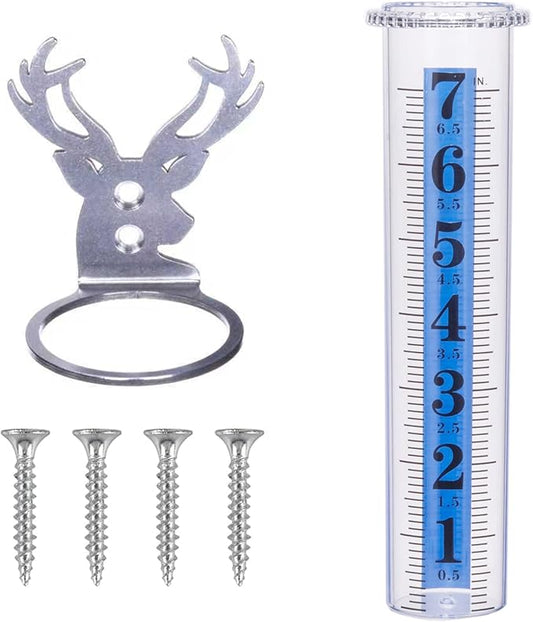 7" Rain Gauge Outdoor, Accurate Glass Tube Best Rated with Deer Shape Rack, Decorative Deer Antler Rain Measure Tool for Garden, Lawn, Patio (Style B)