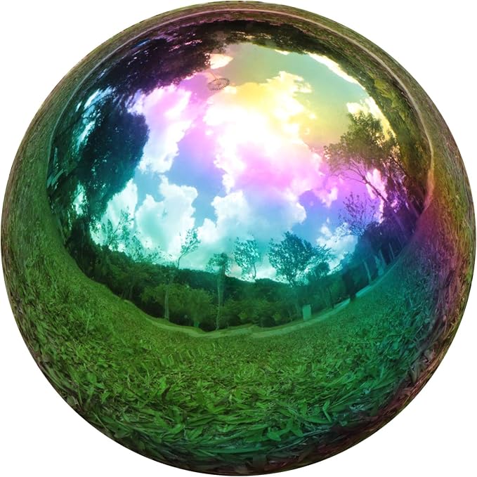 Kesywale Rainbow Gazing Globe Mirror Balls for Garden Home Stainless Steel Shiny Hollow Sphere Sparkling Outdoor Ornament (10 Inch)