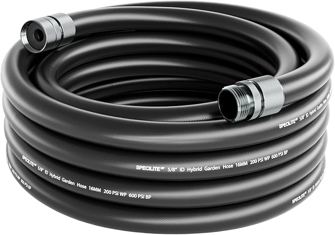 SPECILITE Garden Hose 25 ft x 5/8 in, Custom-Length Water Pipe, Heavy Duty & Flexible Hybrid Rubber Hoses, No Kink, with 3/4'' Male to Female Fittings, Burst 600 PSI, for Yard, Car Wash, Farm, Reels