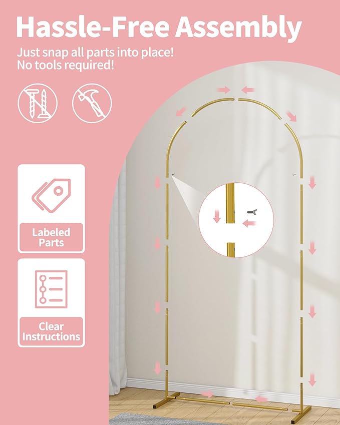 Pureegg Metal Arch Backdrop Stand Set - Set of 2 (7.2ft/6.0ft), Gold Wedding Stand with Stable Base, Elegant Backdrop Cover for Party, Birthday, Baby Shower, Graduation, Easy to Assemble
