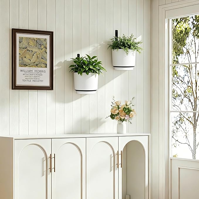 2 Pcs Wall Mounted Hanging Planter Vase for Indoor Outdoor Plants,Modern Metal Wall and Ceiling Hanging Flower Pot with Removable Flower Pot,Minimalist Decor for Herbs Succulents Flowers,5.9Inch,White