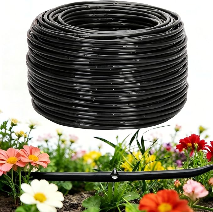 1/4" Drip Irrigation Tubing with 6" Emitter Spacing, (500 Ft Roll) Hydroponics Dripline with Built-in 0.5 GPH Dripper, Drip Line for Irrigation, Garden Beds and Greenhouses (Black)