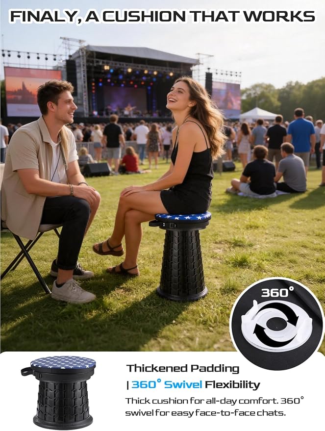 2026 Upgraded XXL Collapsible Stool with Cushion & Bag | 1000lbs Capacity, 21-in Taller & 13-in Wider Retractable Telescoping Stool for Adults, Oversized Camping, Fishing, Concert, Event, Stadium