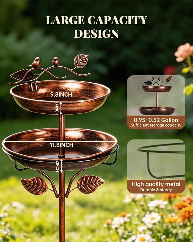 Breeze Touch 2-in-1 Metal Bird Bath for Outdoor, Vintage Garden Bird Bath with Detachable Birdbaths & Birdfeeder Bowl, Free Standing Bird Feeder with 5 Prongs Base Stake for Yard Lawn Decor(Bronze)
