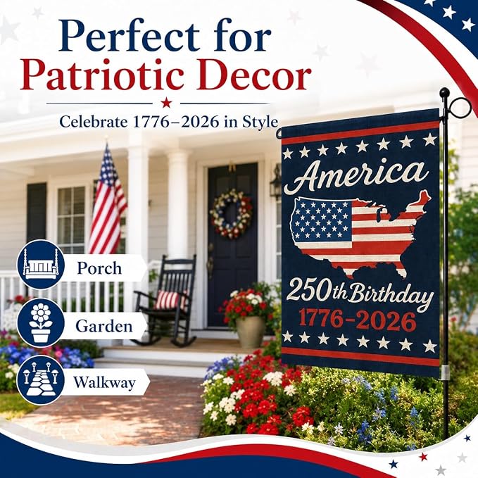 USA 250th Anniversary Garden Flag 12x18 Double-Sided, Patriotic Outdoor Yard Decor 1776-2026 for 4th of July Independence Day, Summer Outside Porch Decorations