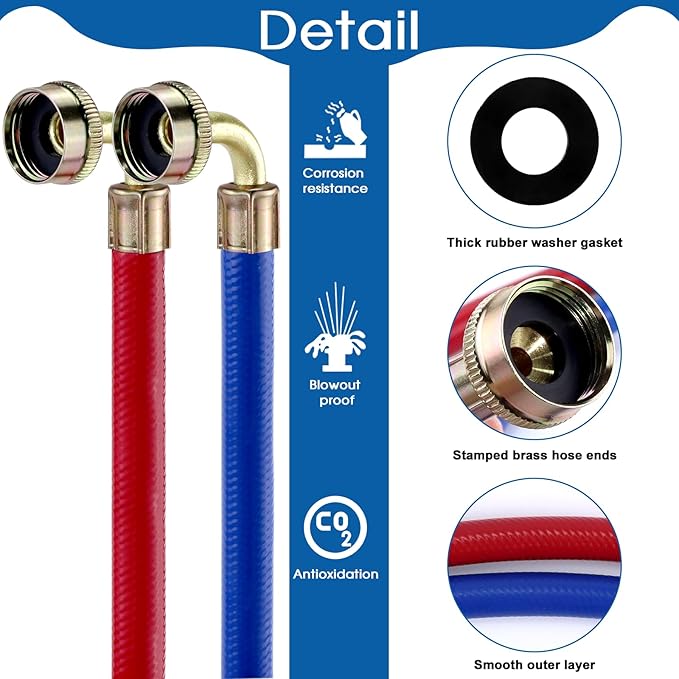 Rubber Washing Machine Hoses 6FT with 90 Degree Elbows,Universal Washing Machine Hose,Burst Proof Water Supply Lines for Hot and Cold Water Washer Hoses (2 Packs)-by MIFLUS