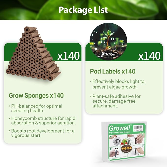 Growell 280Pcs Hydroponic Pods Kit, 140 Grow Sponges with 140 Pod Labels, Hydroponics Supplies, Grower Pods Refill Compatible with AeroGarden & Most Growing System, Seed Starter Pods for Indoor Garden