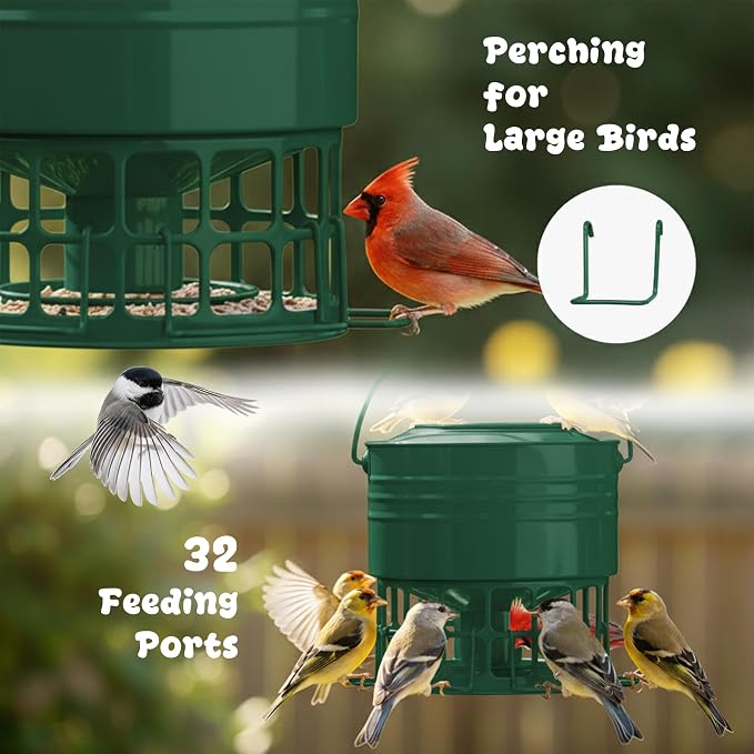 KOL Large Bird Feeder for Outdoors, 10LB Capacity Squirrel Proof Metal Feeder with 32 Feeding Ports & 3 Perches, Easy-Clean Hanging Birdfeeder for Cardinals, Bluebirds, Finches (Jasper)