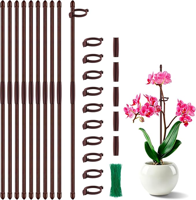 Plant Stakes 17 inch SupKing Support Stick Orchid Stakes with Clips 10Pcs Garden Plant Poles Extended to 3/4/5ft for Indoor Outdoor Potted Tomato Rose Amaryllis Vegetables Monstera-Brown