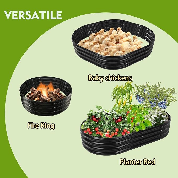 YSEJOMP 5X2.7X1 FT Oval Galvanized Metal Garden Raised Bed/Plant Box for Planting,32 Inches Diameter Iron Fire Pit Ring,Small Animal Fence-3 in 1 Modular Design in Black (Black, 60X32X11.5 Inches)