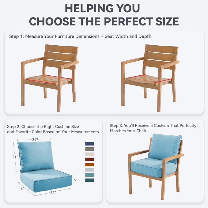 Outdoor Cushion Set for Furniture Patio Furniture, UV Resistant, Water Resistant - 6 Inch Thick Foam Garden Cushions– 24x24 Inch Patio Seat Covers for Chair/Sofa/Couch | Light Blue | 3-Pack |