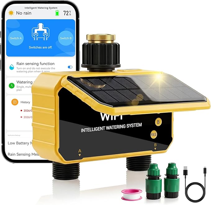 Sprinkler Timer, Solar WiFi Water Timer for Garden Hose, 2 Zone Water Sprinkler with Rain Sensor and Manual Mode via APP/Voice Control, Automatic Irrigation Control System for Lawns, Yard and Pool