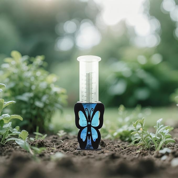 TBWHL 7" Capacity Rain Gauge Replacement Tube Glass with Stainless Steel Butterfly Shape Rack Holder, Decorative rain Measure Gauge for Yard Garden Fence Lawn Farm