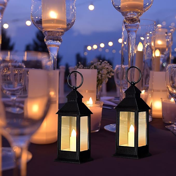 Hoolerry 24 Set 5.5'' Mini Lanterns with LED Candle for Wedding Centerpiece Vintage Decorative Hanging Small Lantern Battery Powered for Halloween Wedding Table Centerpiece(Black)