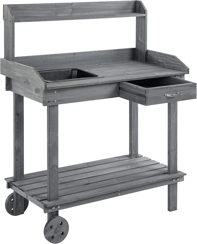 Potting Bench with Sink 36'' Garden Work Bench Mobile Planting Table with Wheels Drawer and 3-Tier Shelves for Patio Backyard Greenhouse Gray