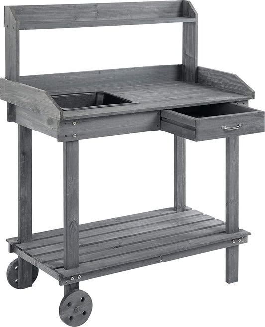 Potting Bench with Sink 36'' Garden Work Bench Mobile Planting Table with Wheels Drawer and 3-Tier Shelves for Patio Backyard Greenhouse Gray