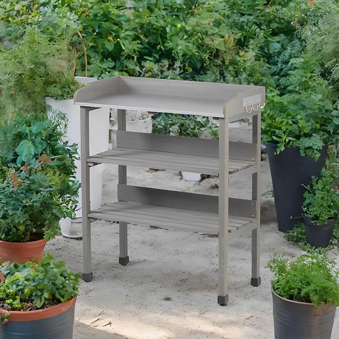 Outdoor Garden Potting Bench Table, Fir Wood & Metal Top Gardening Workstation with 2 Shelves, Water-Resistant Surface, 30.5" x 14.6" x 35.5",Gray