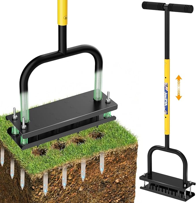 Lawn Aerator Tool, Core Aerator Lawn Tool with 12 Spikes, Automatic Dirt Clean with Spring-Loaded, Manual Grass Aerator Spike Lawn Coring Aerator for Yard Lawn Aeration Soil Loosening Garden Yellow