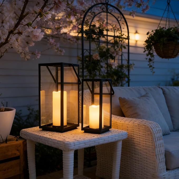 Lantern Decorative Outdoor & Indoor, 14.3'' & 11''H Metal Candle Lanterns Decor, Vintage Hanging Candle Holder for Front Porch Patio Wedding Farmhouse Home, Spring Decoration