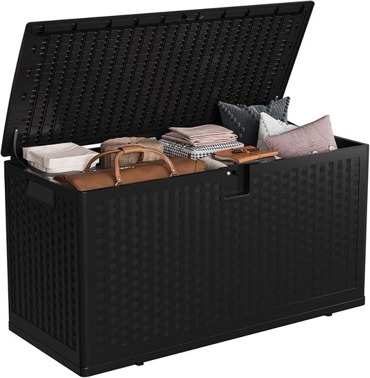 IDEALHOUSE 73 Gallon Resin Deck Box, Waterproof Outdoor Storage Box with Lockable Lid & UV Resistant, Patio Furniture Cushion Storage Container for Garden, Backyard, Poolside (Black)