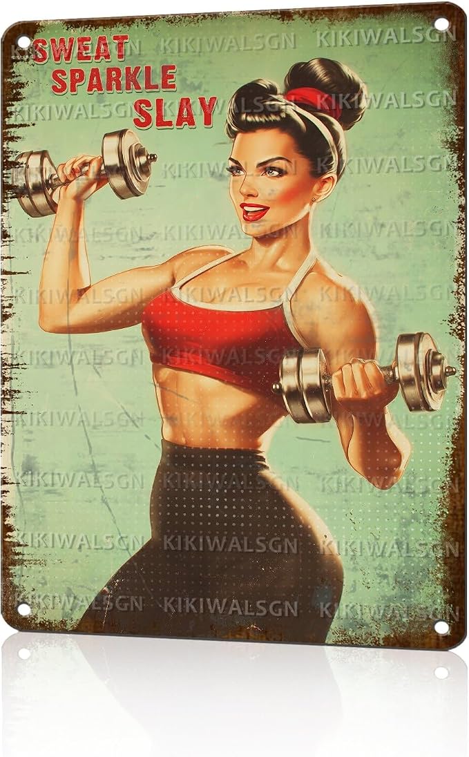 Fitness Girl with Dumbbells Motivational Wall Art Poster Sweat Sparkle Slay Tin Sign Gym Decor for Home & Office Decor Bedroom Bathroom Cafe 12X16Inch