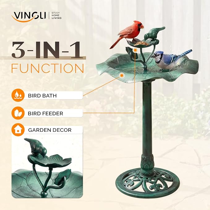 VINGLI Pedestal Bird Bath 28 Inch Antique Copper Resin Birdbaths Weather Resistant Floral Accents and Vintage Finish Garden Decor for Outdoor Lightweight Courtyard… (Green-with Bird Feeder)