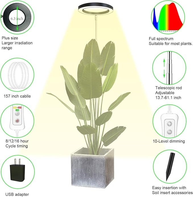 yadoker Plant Grow Light, LED Growing Light Full Spectrum for Indoor Plants, Paired with a Soil Tester,Height Adjustable, Automatic Timer, 5V Low Safe Voltage,Idea for Large Plant Light