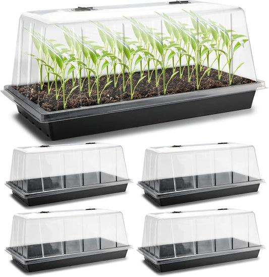 1020 Plant Tray with Tall 7.3" Dome, 5-Pack Extra Large Seed Starter Tray with Humidity Domes, Heavy Duty 1020 Trays and Flats with Lid, Seed Germination Mini Greenhouse No Hole for Balcony Garden
