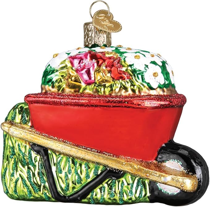 Old World Christmas Wheelbarrow with Flowers Glass Blown Ornament for Christmas Tree, Handcrafted Holiday Decoration, Garden Collection
