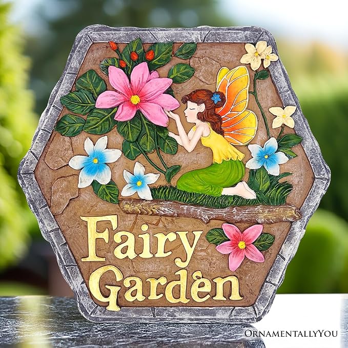 OrnamentallyYou Elegant Resin Stepping Stone, Outdoor Garden Pathway Decoration (Fairy Kisses and Flowers Garden Stepping Stone, 9.5" Outdoor Decoration Statue)