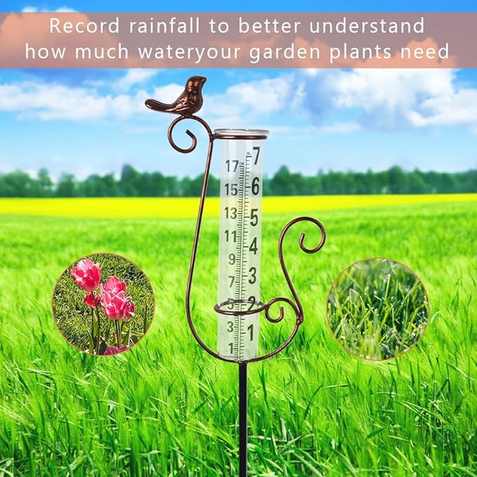 Rain Gauge Outdoor with 7 Inch Glass Tube, Rain Gauges Large Clear Numbers Measure Gauge for Yard, Garden, Lawn(Cardinal)
