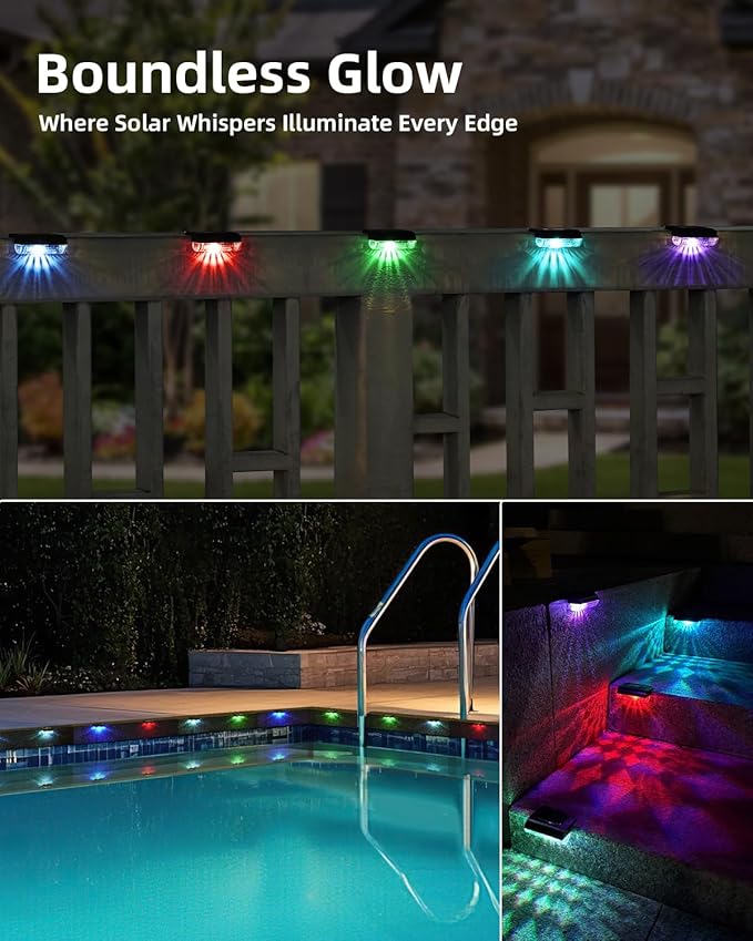 Herzila 16 Pack Solar Deck Step Lights Outdoor,Color Changing Solar Fence Lights Led Auto Dusk-to-Dawn, Waterproof Color Changing for Step, Fence, Railing Patio, Balcony