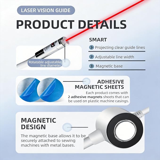 Magnetic Positioning Quilting Light, Sewing Machine Laser Guide, Red Laser Light for Sewing Machine with Crosshair and Magnetic Attachment, Hands-Free Precision Sewing Laser Light Seam Guide (Plug)
