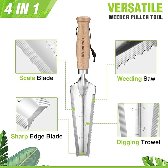 WORKPRO Garden Trowel with Wood Handle, Stainless Steel Narrow Hand Shovel, Multi-Use Flat Garden Trowel for Planting, Weeding, Transplanting, Digging, Small Weeding knife for Gardening