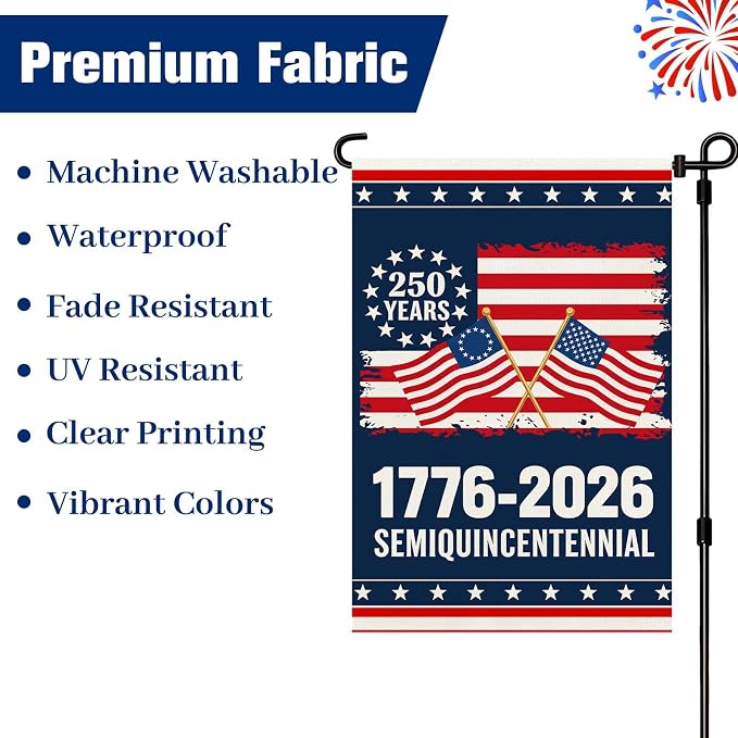 250 Anniversary USA Garden Flag, Double Sided Waterproof Patriotic American Flag 1776-2026, Outdoor Yard Decor 12x18