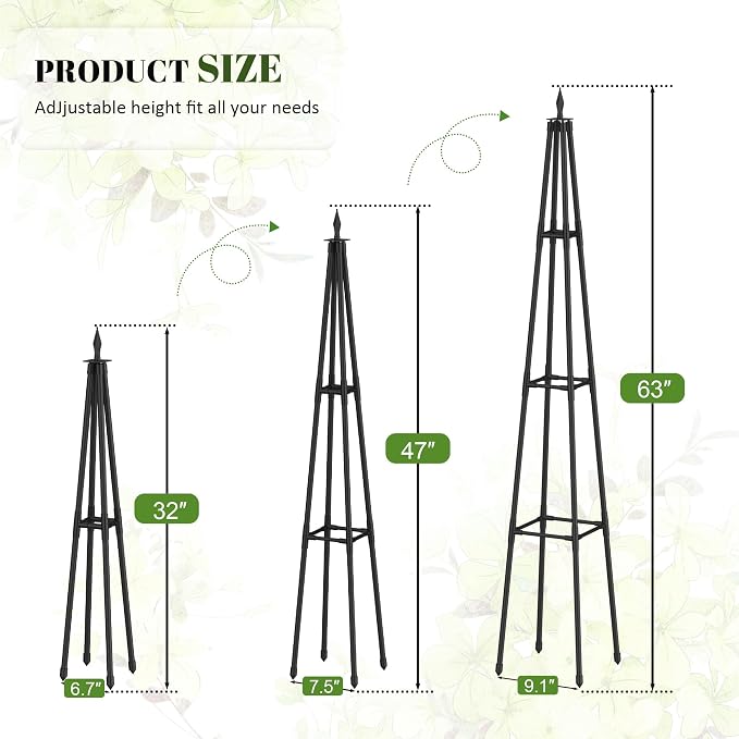 Alisisfores 5.2 FT Obelisk Trellis for Climbing Plants,Garden Trellis with Extra Thickened Plastic-Coated Metal Pipes, Outdoor & Indoor Garden Support for Potted Plants, Black