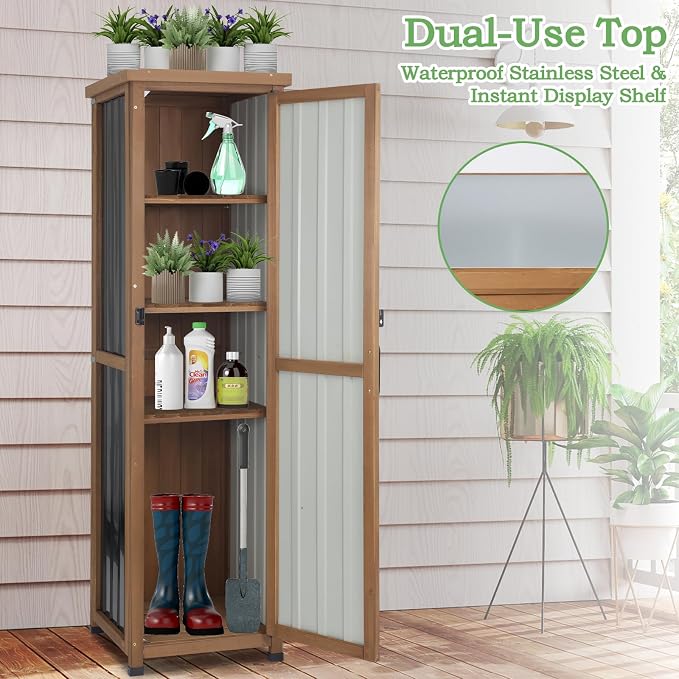 62" H Tall Narrow Outdoor Storage Cabinet with Metal Top, Outdoor Shed Storage Unit Waterproof with Adjustable Shelves for Garden, Patio, Living Room, or Entryway Storage, Black