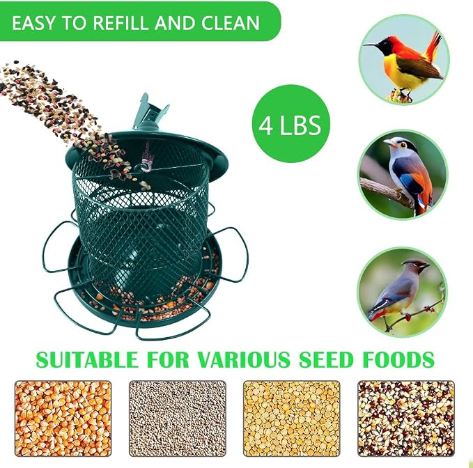 Metal Bird Feeder for Outside, Hanging Bird Feeders Squirrel Proof, 4 Lbs Capacity Iron Mesh Durable Wild Outdoor Birdfeeder with 6 Perches for Finch Cardinals,Gifts for Birds Lovers- Green