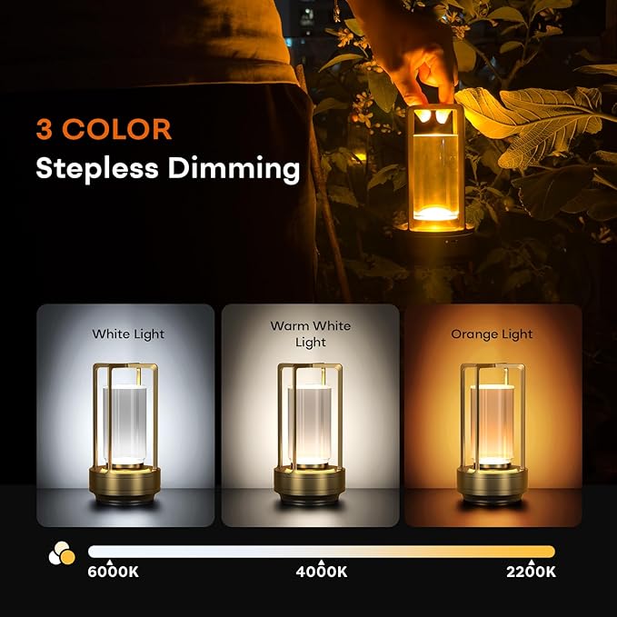 HAPYGI Portable Metal Table Lamp for Indoor/Outdoor,Rechargeable Cordless LED Lamp, 3-Colour Infinitely Dimming Battery Powered Small Desk Lamp, Restaurant/Bedroom/Bar/Coffee/Camping Light (Gold)