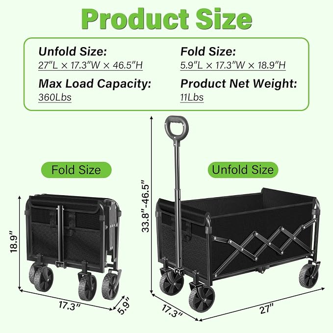 Wagons Carts Foldable - Collapsible Wagon Cart with Wheels – Folding Foldable Wagon Small Portable Lightweight for Sports, Camping, Storage, Travel, Shopping