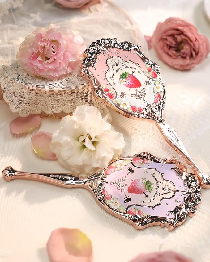 Flower Knows Strawberry Rococo Hand Mirror,Vintage Portable Handheld Mirror,Fancy & Pretty Princess Mirror with Long Handle,Gift for Girls(Soft Pink)