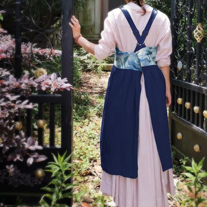 Uaussi Cotton Linen Apron Cross Back Work Apron for Women with Pockets Pinafore Dress X Cross Halter Apron for Chef Gardening