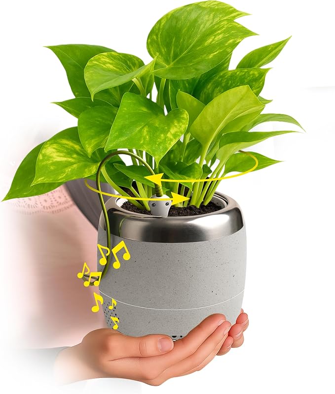 Smart Robotic Planter for 4” Potted Plants- Speckled Sand | Interactive Moving & Dancing Flowerpot with Bluetooth Speaker | Touch Responsive for Real Indoor Plants | Custom Voice Record