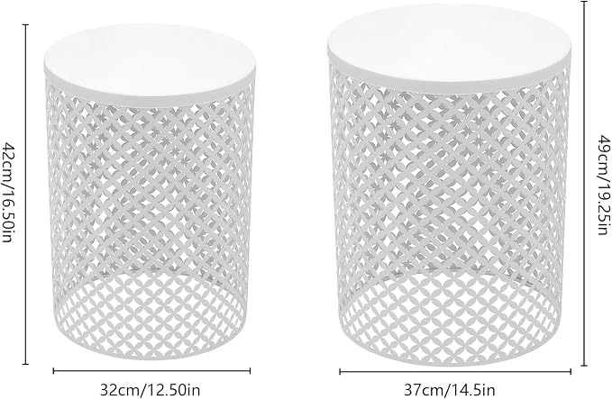 Cylindrical Outdoor Side Tables Set of 2, Metal Frame Accent Table End Table, Vintage Side Tables for Patio Gardens Balconies Cafes Parks (2, White)