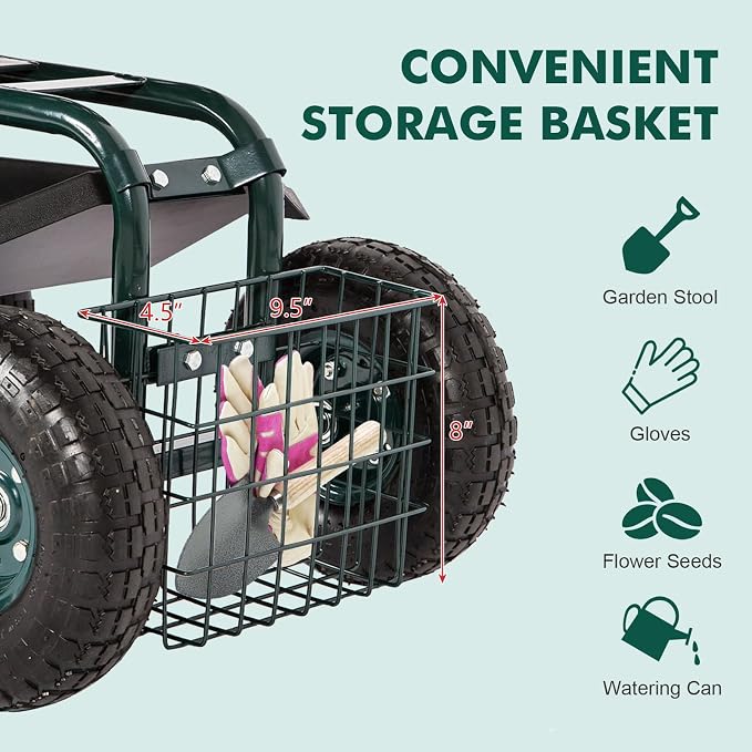 KINTNESS Garden Cart Seat Rolling Scooter Wagon with Extendable Steering Handle Swivel Seat & Utility Basket...(Green