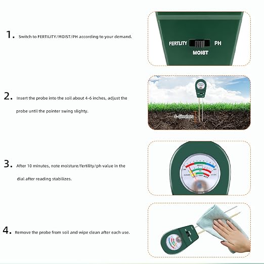 3-in-1 Soil Moisture Meter pH & Fertility Tester, No Battery Needed Plant Soil Test Kit for Houseplants, Garden, Lawn & Farm, Plug-and-Read Soil Acidity Meter for Indoor Outdoor Potted Plants (Green)